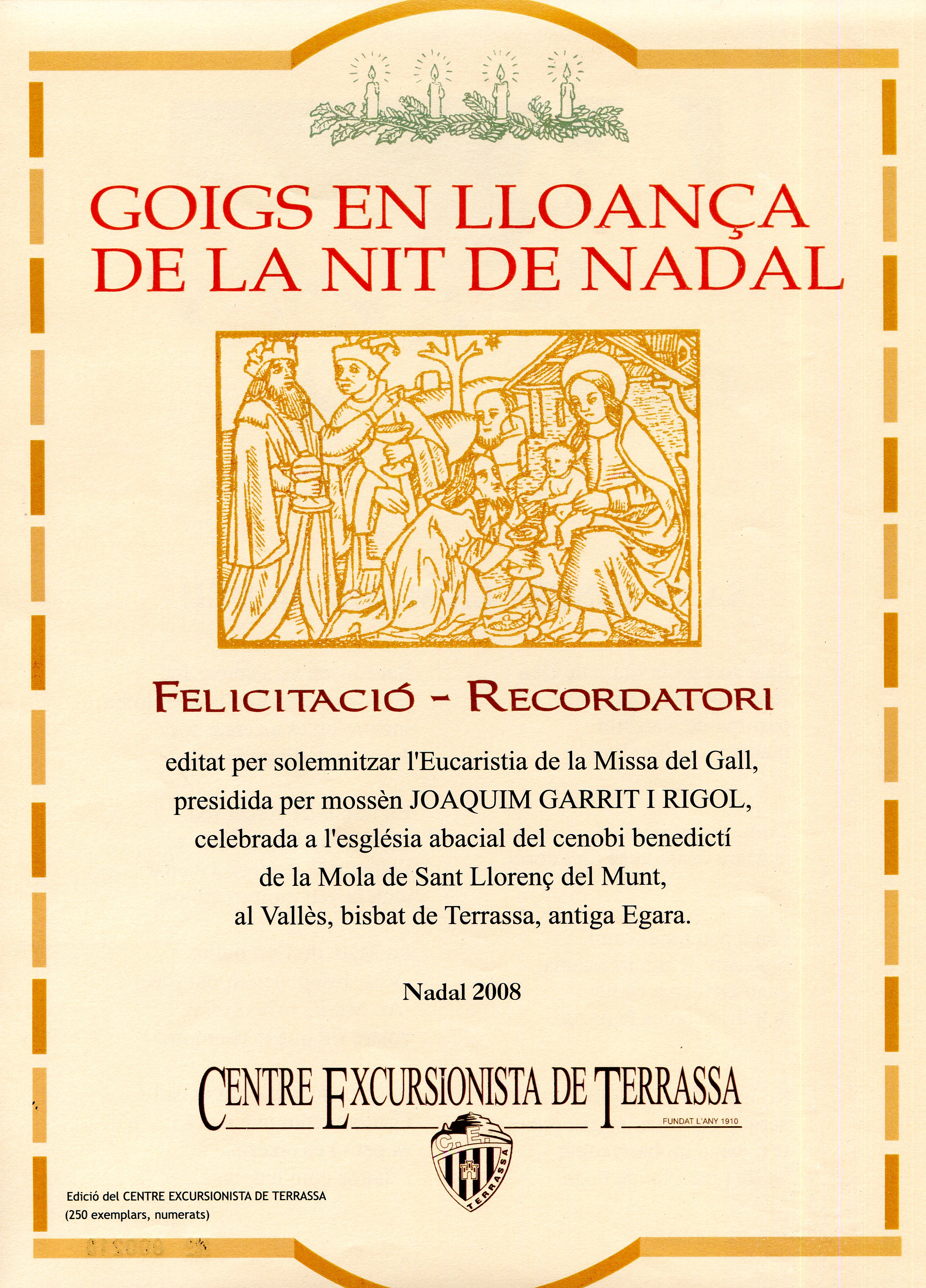 Goigs en lloança de la Nit de Nadal : Felicitació - Recordatori - Portada